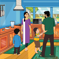 indian family kitchen illustration