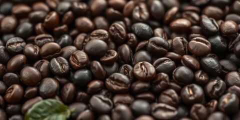 Fototapeta premium Dark, oily coffee beans close-up, rich aroma implied, agriculture, background