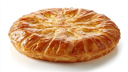Round, golden-brown pastry with intricate, radiating patterns.  A delicious-looking,  flaky, baked treat