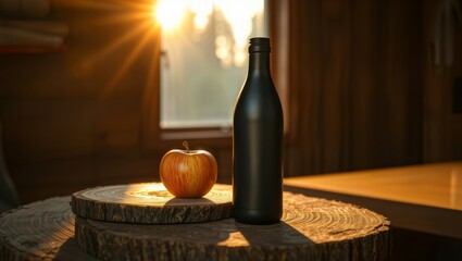 Rustic still life. Black bottle and orange apple on wooden tree stumps with warm golden sunlight streaming through window in cozy wooden interior.