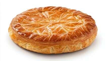 Round, golden-brown pastry with intricate details.  Features a flaky, buttery crust and a slightly raised center