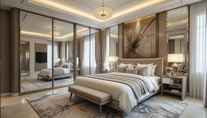 A bright, modern bedroom with mirrors throughout the interior design
