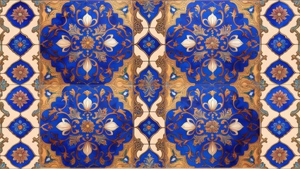 Exquisite Blue and Gold Floral Tile Pattern Intricate Moroccan Design Seamless Texture Background