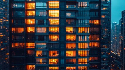 As twilight envelops the city, the warm glow from numerous office windows highlights the vibrant energy within a towering high-rise. A captivating view of urban life unfolds
