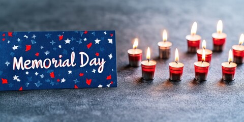 memorial day tribute, an updated memorial day postcard with a prominent memorial day message, patriotic colors, and a row of glowing candle tributes for added personalization