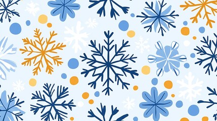 Colorful snowflakes floating on a light blue backdrop, creating a winter-themed pattern, usable for design