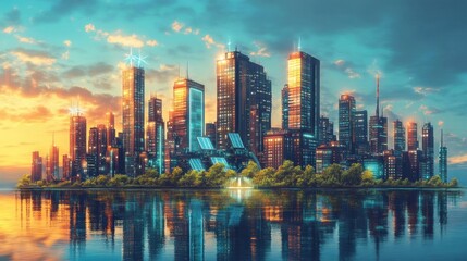 Sleek metropolis with renewable energy, cyberpunk aesthetics, and digitalized skyline, digital art