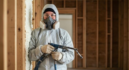 Technician Installing Spray Foam Insulation for Energy Efficiency (Industry)