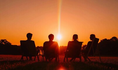 Silhouetted friends enjoy sunset view from field chairs