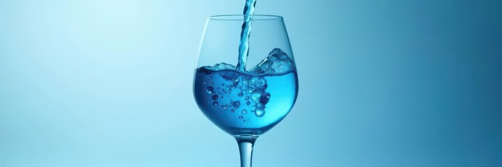 Cool blue liquid gracefully poured in a stemmed glass , tone, clean, drink