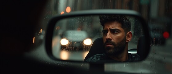 Rainy Night Drive, Car Mirror Reflection, Focused Driver, City Lights