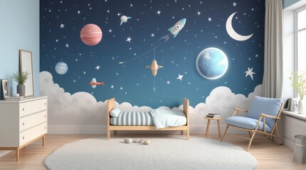 Serene children's bedroom with light wooden bed featuring celestial wall mural with planets, rockets, stars, and moon. Cloud design along bottom creates floating effect with blue accents.