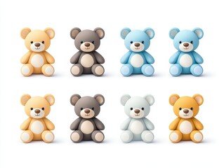 Naklejka premium A colorful collection of plush teddy bears arranged in a neat row, showcasing various shades, perfect for children's decor or toy advertisements