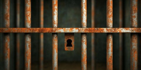 3D Illustration of a Dark Interior with a Closeup of a Locked Rusty Door in a Prison Setting