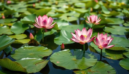 Pink lotus flower blossoms in serene pond, green pads floating, lotus flower, lake