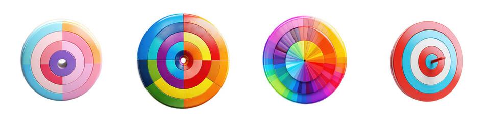 Obraz premium Colorful bullseye targets arrayed on white background, visual elements and options for design isolated on white or transparent