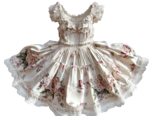 A floral dress with lace trim and short sleeves on a Transparent Background