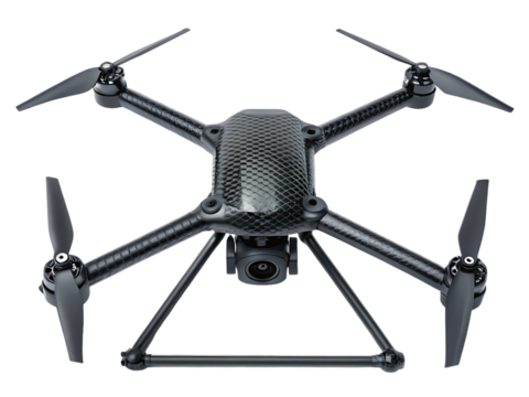 Black drone with carbon fiber body and four propellers.