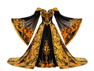 A black and gold gown with flowing sleeves on a Transparent Background