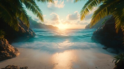 Tropical beach with turquoise water, white sand, exotic palm trees, and rocks at beautiful sunset