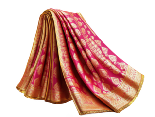 A draped pink and gold saree with intricate designs on a Transparent Background