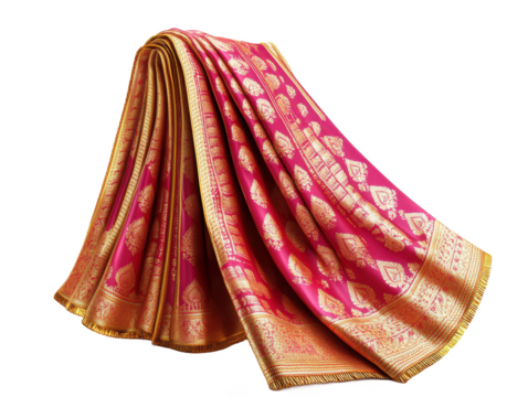 A draped pink and gold saree with intricate designs on a Transparent Background