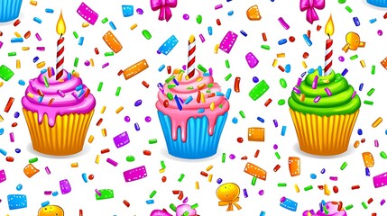 Cupcakes with candles and confetti celebrate on a seamless white background; ideal for digital designs