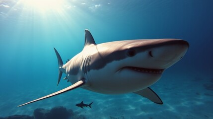Fototapeta premium Graceful Shark Swimming in Clear Ocean Waters with Sunlight Beaming Through