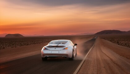 광활한 사막 도로를 따라 질주하는 스포츠카