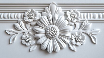 Decorative floral plaster relief pattern on white wall, ornate design element, interior detail