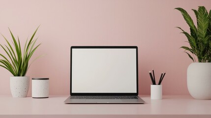 Obraz premium A minimalist workspace featuring a laptop on a clean desk adorned with indoor plants, creating a fresh and inspiring atmosphere for productivity and creativity.