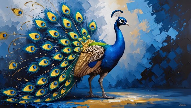 Majestic Peacock with Golden Accents on Textured Blue and Gray Background Modern Oil Painting
