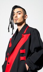 Stylish man in a black and red asymmetrical blazer