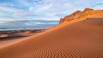 Stunning Desert Landscape at Sunset with Dramatic Sand Dunes and Rocky Cliffs