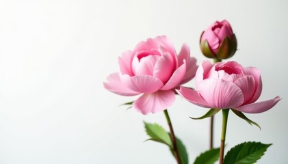 Obraz premium Three unopened peony rose buds, soft pink hues, pristine white backdrop , plant, bloom, peony