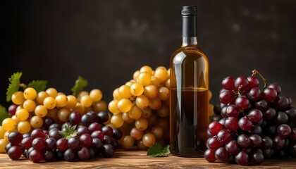 Obraz premium Two bottles of wine, red & white, with fresh grapes, picture, still life