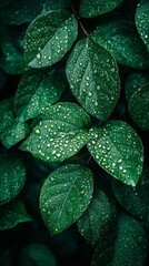 Obraz premium Delicate water droplets cling to the lush green leaves, creating a harmonious blend of nature’s beauty and serenity. The gentle sparkle of the water highlights the rich textures of the foliage