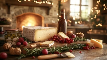 Festive cheese platter by fireplace