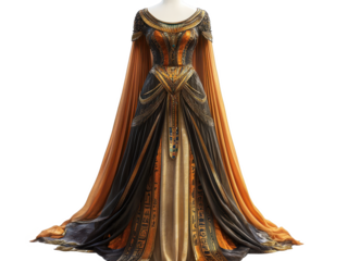 An elegant egyptian dress with gold accents and flowing sleeves on a mannequin display stand, Transparent Background