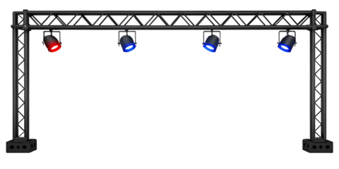 Stage lighting rig with red and blue spotlights.