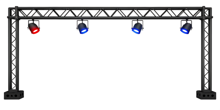 Stage lighting rig with red and blue spotlights.