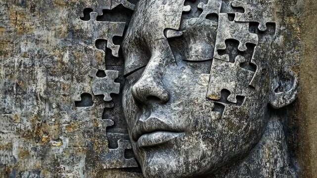 Sculptural artwork displaying a face made of puzzle pieces in an urban environment