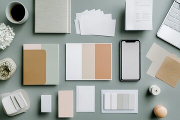 A flat lay showcasing a minimalist workspace with stationery, notebooks, and a smartphone on a sage green background.