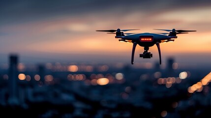 Drone flying over cityscape at sunset capturing aerial urban views