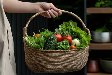 Fototapeta premium Fresh vegetables in woven basket held by female hand