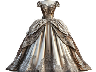 Ornate ball gown with intricate detailing on a mannequin against a Transparent Background