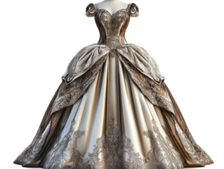 Ornate ball gown with intricate detailing on a mannequin against a Transparent Background