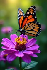 Fototapeta premium Monarch butterfly feeding on bright purple flower , bloom, fauna