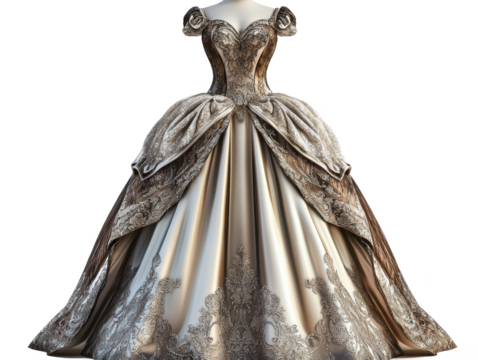 Ornate ball gown with intricate detailing on a mannequin against a Transparent Background