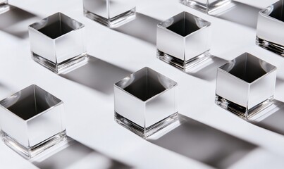 Geometric arrangement of clear glass cubes casting shadows